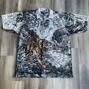 Vintage 90s TRUST COUTURE Mens Shirt XL‎ Mesh Sheer Tiger Graphic Animal Print